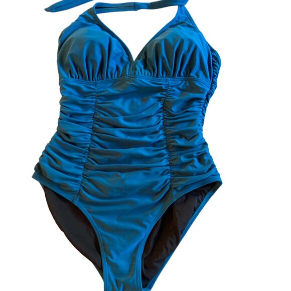 Aerin Rose Size 12  One Piece Blue Teal Underwire Lined Shirred Bathing Swimsuit - Picture 1 of 5